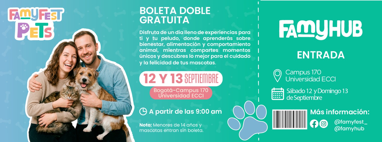 Boleta doble gratuita FamyFest Pets Bogotá 2026 - 12 y 13 de septiembre en Universidad ECCI Campus 170
